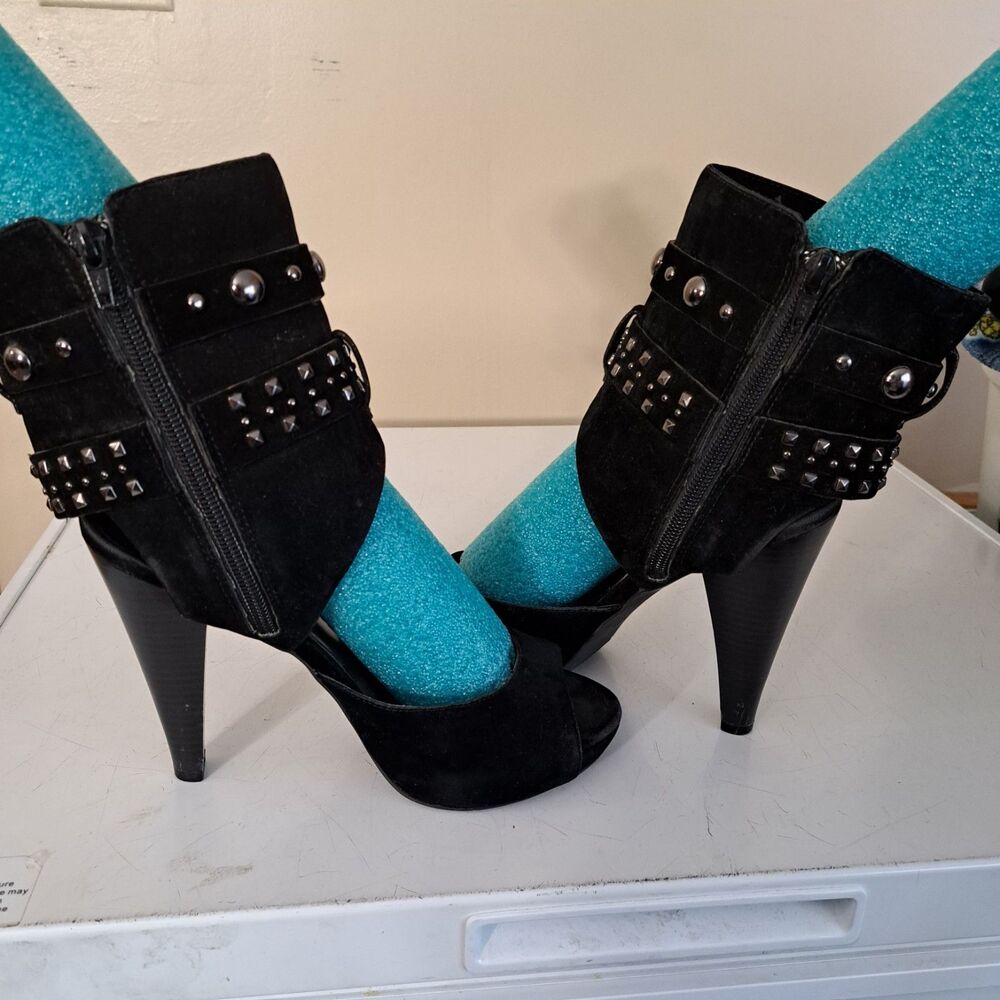 ANA Faux Suede Black Peep Toe Studs Ankle Zipper Stiletto heals 7.5M - Picture 2 of 13